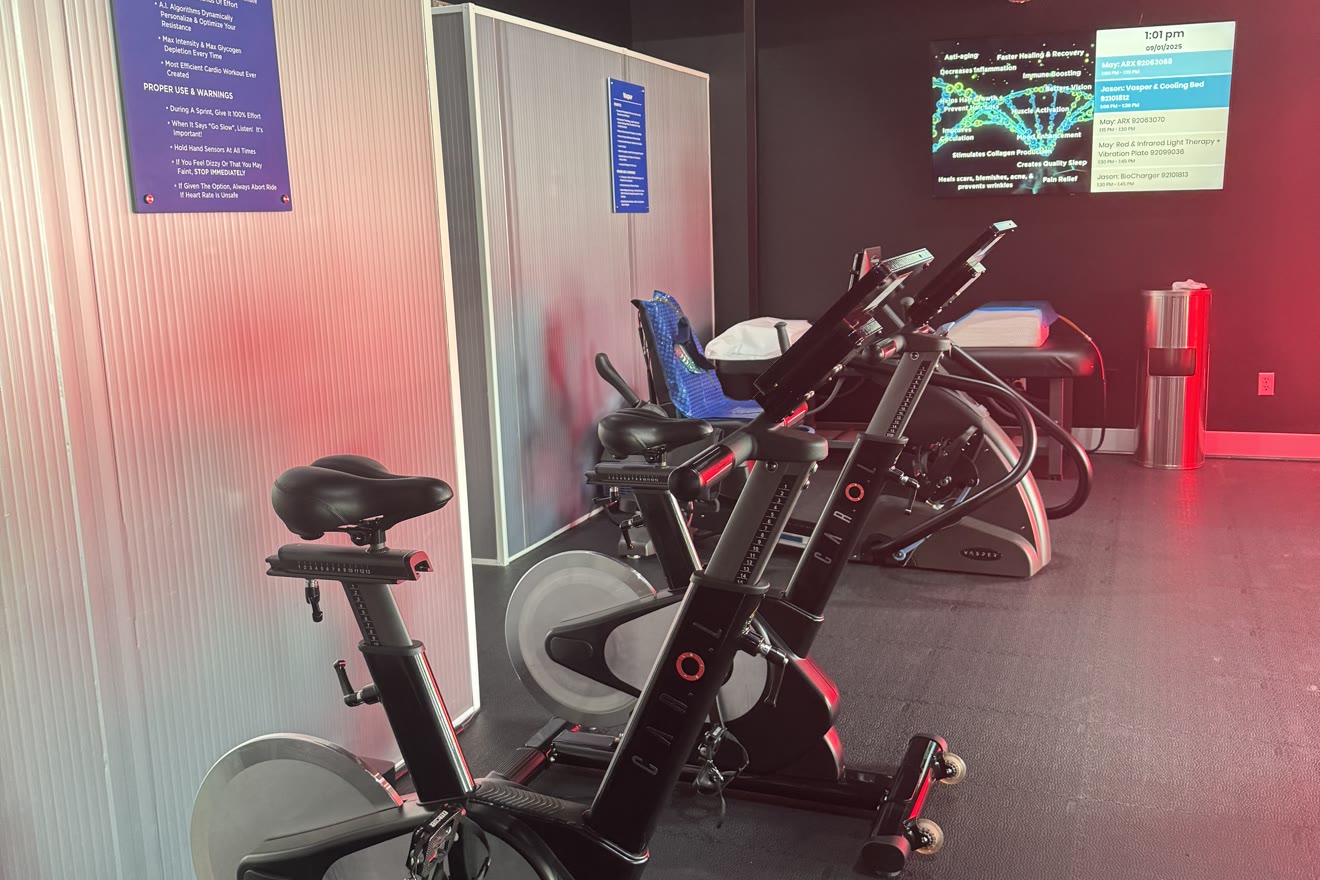 CAROL Bike cardio machines lined up at BioHack Studios in St. Petersburg