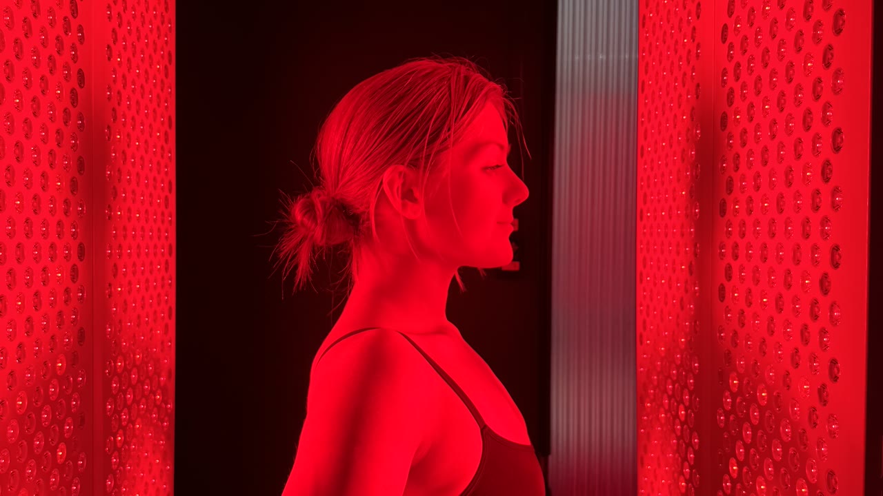 Woman receiving red and infrared light therapy at BioHack Studios in St. Petersburg